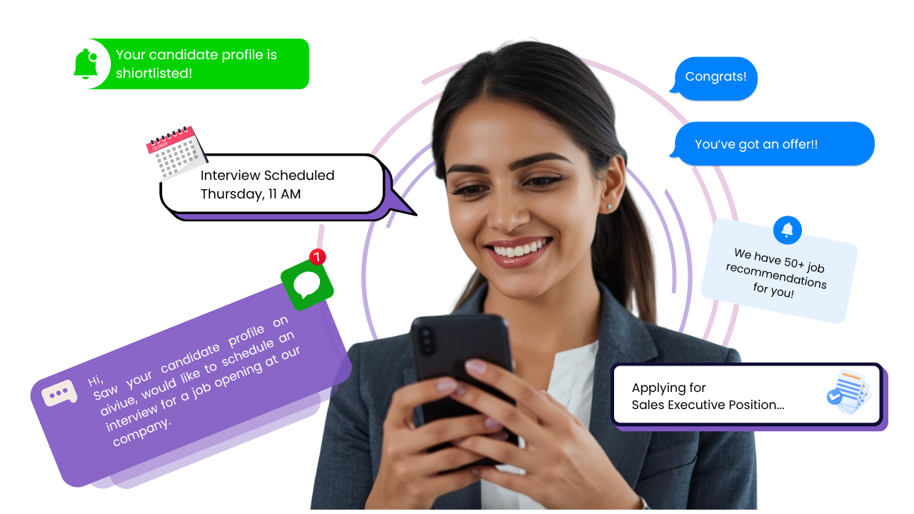 Job seeker using Aiviue platform with notifications for profile shortlisting, interview scheduling, and job offers